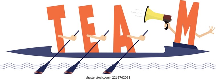 Funny concept inscription team illustration. 
Letters T, E, A with oars and M with megaphone rides on kayak. Isolated on white illustration
