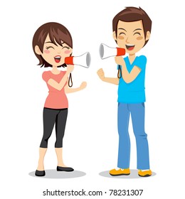 Funny Concept Of Man And Woman Arguing And Discussing With Megaphone