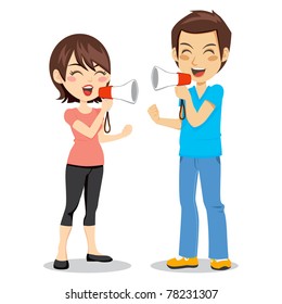 Funny concept of man and woman arguing and discussing with megaphone