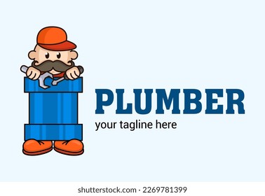 Funny concept plumber climbs out of the pipe for logo. Cute repairman icon.  