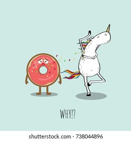 Funny concept of a shaving unicorn and an affected donut. Vector illustration. Modern design.