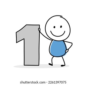 Funny concept with a stickman holding a number one icon. Cartoon style design for a business presentation. Vector illustration