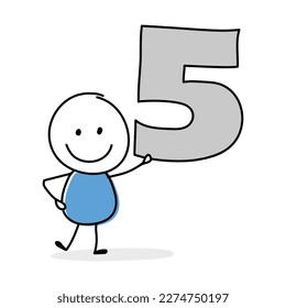 Funny concept with a stickman holding number five icon. Cartoon style design for a business presentation. Vector illustration