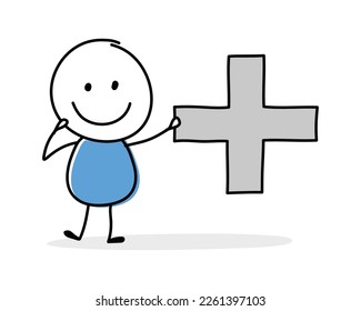 Ein lustiges Konzept mit einem Aufkleber, der ein Plus (Addition) Symbol hält. Cartoon Stil Design für eine Business-Präsentation. Vektorgrafik