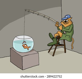 Funny conceptual cartoon about cat fishing in a fish bowl