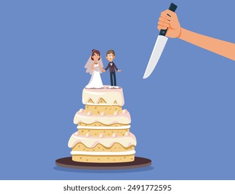 
Funny Conceptual Divorce Cake Vector Separation illustration. Goodbye marriage moving on humorous wedding cake 

