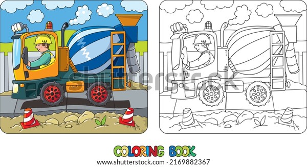 Funny concrete mixer or truck mixer with a\
driver, construction worker. Coloring book for kids. Small funny\
vector cute car with an operator. Children vector illustration.\
Heavy machinery