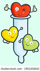 Hübsches Kondom mit Herzfiguren um es herum im einfachen kawaii-Doodstyle