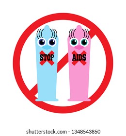 Funny condoms with text STOP AIDS. Isolated vector illustration.
