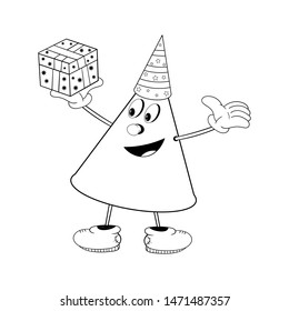 A funny cone in a festive cap holds a gift box in his hand and smiles. Funny coloring in the style of comics.