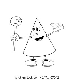 A funny cone holds in his hand a candy on a stick and smiles. Funny coloring in the style of comics.