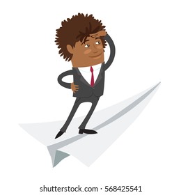 Funny Confident black business man wearing suit standing on flying paper plane and looking forward. Flat style design set