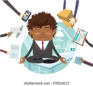 Funny Confident Black Business Man Wearing Suit Sitting Calm On Table And Meditating At His Office. Multitasking Hard Working Day. Flat Style Design Set. Vector Illustration.