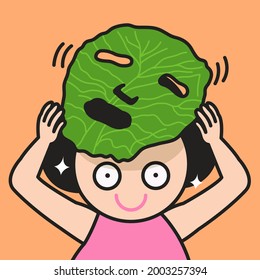 Funny Confident Girl is Taking Off A Humorous Face Masks Made Out Of Cabbage Leaf Concept Card Character illustration