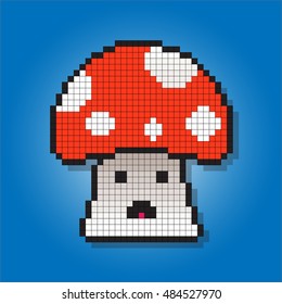 Funny confused amanita mushroom in bright colors. Vector pixel art with shadow.