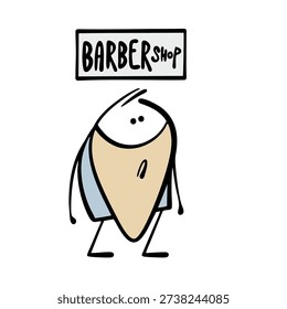 Funny confused elderly man came to a barbershop and wants to trim his long beard. Vector illustration of a funny unkempt character and a hairdressing sign.