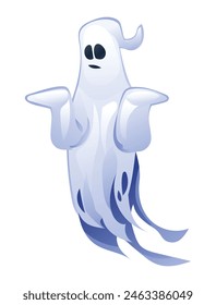 Funny confused ghost cartoon character. Halloween spooky mysterious ghost. Vector illustration isolated on white background
