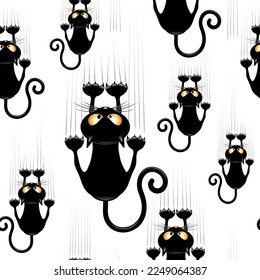 Funny and Confused Naughty Cat Cartoon Character hanging on, and scratching fabric, or curtain, or wall. Assembled to compose a Vector Seamless Repeat Pattern Background. 
