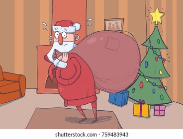 Funny confused Santa Claus with big bag of gifts in room with decoreted Christmas tree and a fireplace. Santa looks embarrassed and lost. Horizontal vector illustration. Cartoon character.