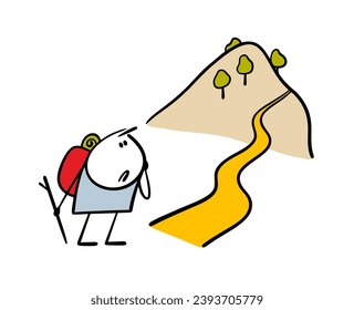 Funny confused traveler with a backpack stands at the beginning of road and looks at a high mountain. Vector illustration of upset stickman who got lost on hard hike. Isolated on white.