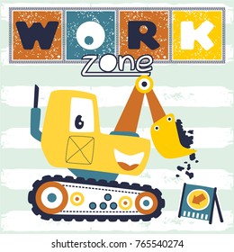 funny construction vehicle, vector cartoon illustration