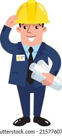Funny construction worker, engineer or architect holding projects blueprints. Cartoon character. A man in protective yellow helmet and dark blue suit with drawings. Vector illustraton