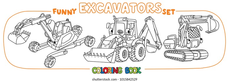Funny constuction excavator set. Coloring book