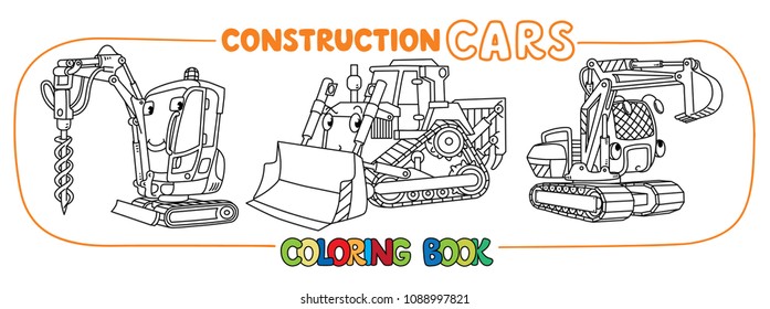 Funny constuction vehicles set. Coloring book