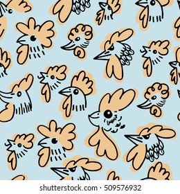 Funny and contemporary seamless pattern with the heads of roosters. Ideal for New Year wrapping paper print. Careless style.