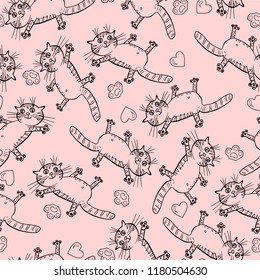 Funny contour cats with hearts and paws on a pink seamless background