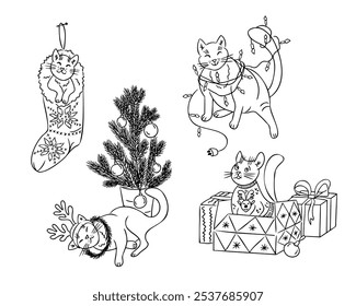 Funny contour doodle cats with Christmas tree and decorations. Vector hand drawn lights, gifts, sock and cats isolated on white background. Childish composition for coloring pages, stickers