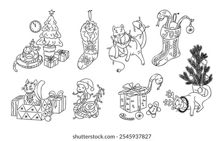 Funny contour doodle cats and snakes with Christmas decorations. Vector hand drawn lights, gifts, sock and animals isolated on white background. Childish composition for coloring pages, stickers