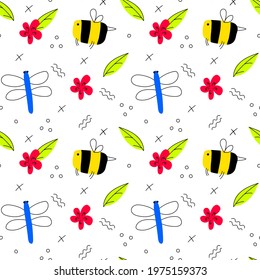 Funny contrast vector seamless pattern in flat style. Hand-drawn bee, dragonfly, flower, leaf on a white background. A vivid illustration for textiles, wallpaper, wrappers, and design. Children style.