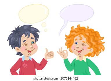 Funny conversation between little boy and girl. Picture in cartoon style with speech bubbles. Isolated on white background. Vector flat illustration. Children and emotions