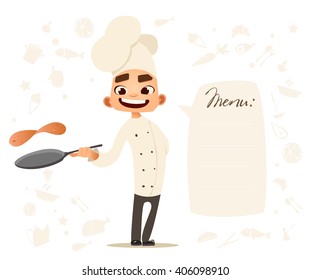 Funny cook. Bon appetit. Menu. Cute cook. Cooking pancakes with ingredients. Flat icons
