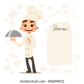 Funny cook. Bon appetit. Menu. Cute cook. Professional cook with dishes in hand