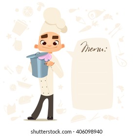 Funny cook. Bon appetit. Menu. Cute cook. Flat kitchen icons