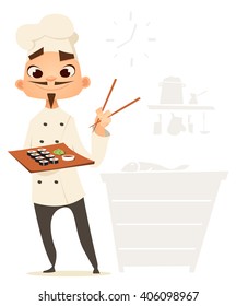 Funny cook. Bon appetit. Menu. Cute cook. Cooking sushi with ingredients. Japan's cook