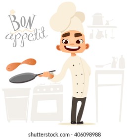 Funny cook. Bon appetit. Menu. Cute cook. Cooking pancakes with ingredients