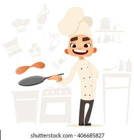 Funny cook. Bon appetit. Menu. Cute cook. Cooking pancakes with ingredients