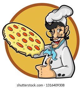 funny cook character with the pizza , nice masot