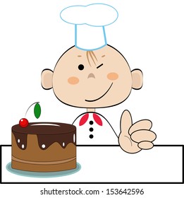 Funny cook with chocolate cake , vector.