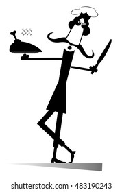 Funny cook. Comic cook holds a tray with meat and a knife in his hand 
