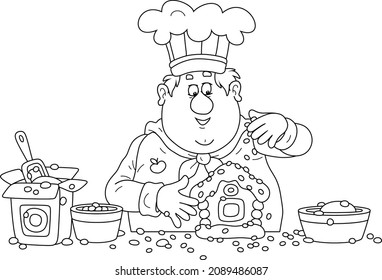 Funny cook confectioner in a chef hat standing at his kitchen work table and decorating a fancy Christmas gingerbread in a form of a sweet toy house, black and white vector cartoon