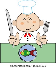 Funny cook with fish, vector.
