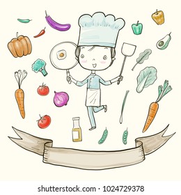 Funny cook isolated on white, Doodle hand drawn style Vector Illustration.