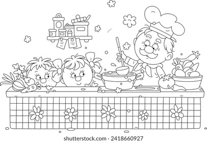 Funny cook with a ladle and little kids making an original tasty soup in a pan on a kitchener with fresh vegetables and spices in a cozy kitchen, black and white vector cartoon illustration for a colo