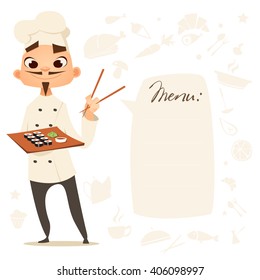 Funny cook. Menu. Cartoon chinese, japan cook with sushi in hands. Chief cook