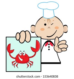 Funny cook with picture of the crab, vector.