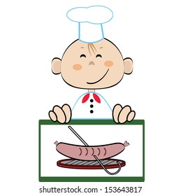 Funny cook with picture of the sausage, vector.